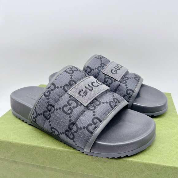 GUCCI Mens GG LOGO Ripstop Monogram Gray Slides Sandals 771466 Men UK 12 US 12.5 - Picture 5 of 16